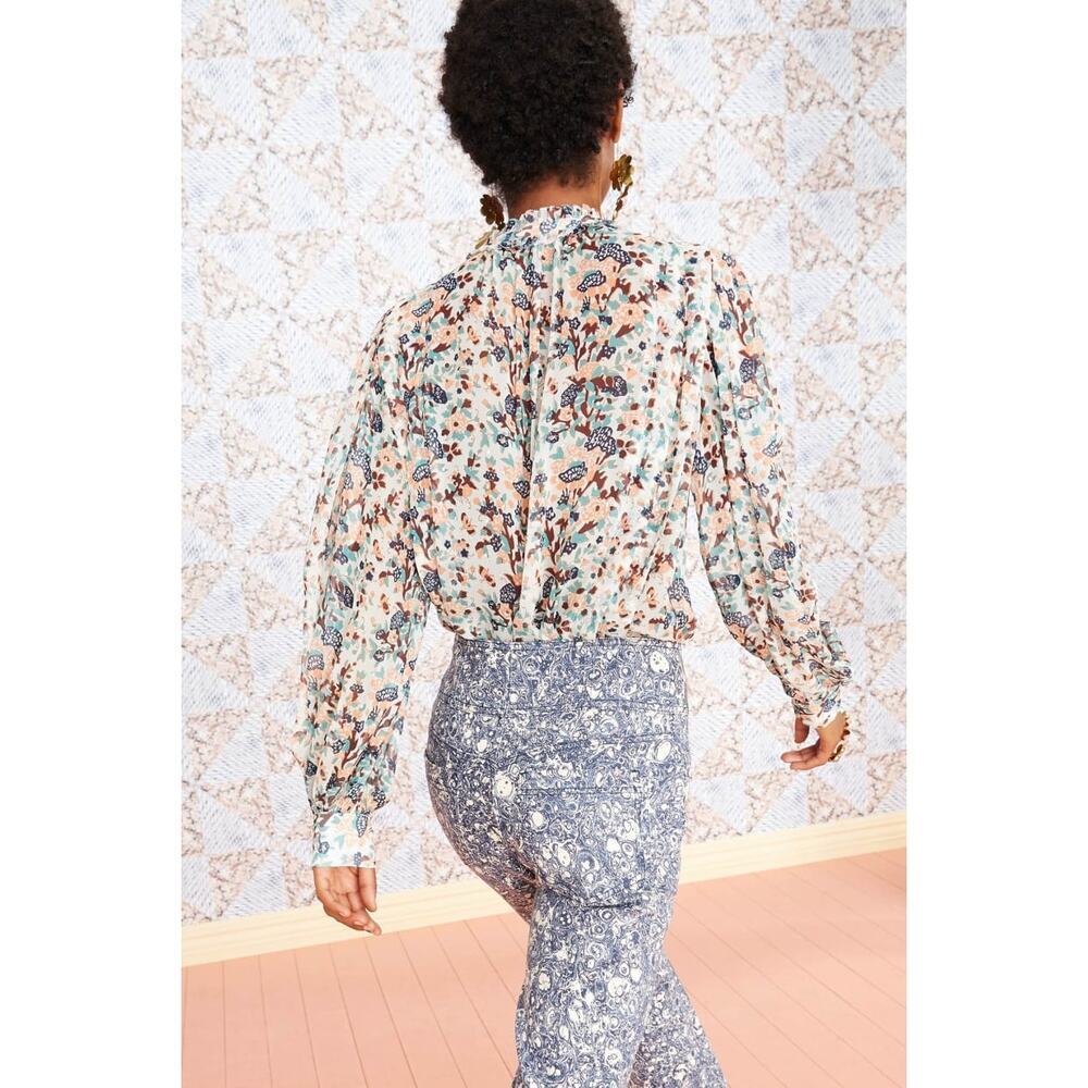 Ulla Johnson Edith Blouse 12 Gardenia Floral Silk Metallic Ruffle Top - Picture 2 of 9